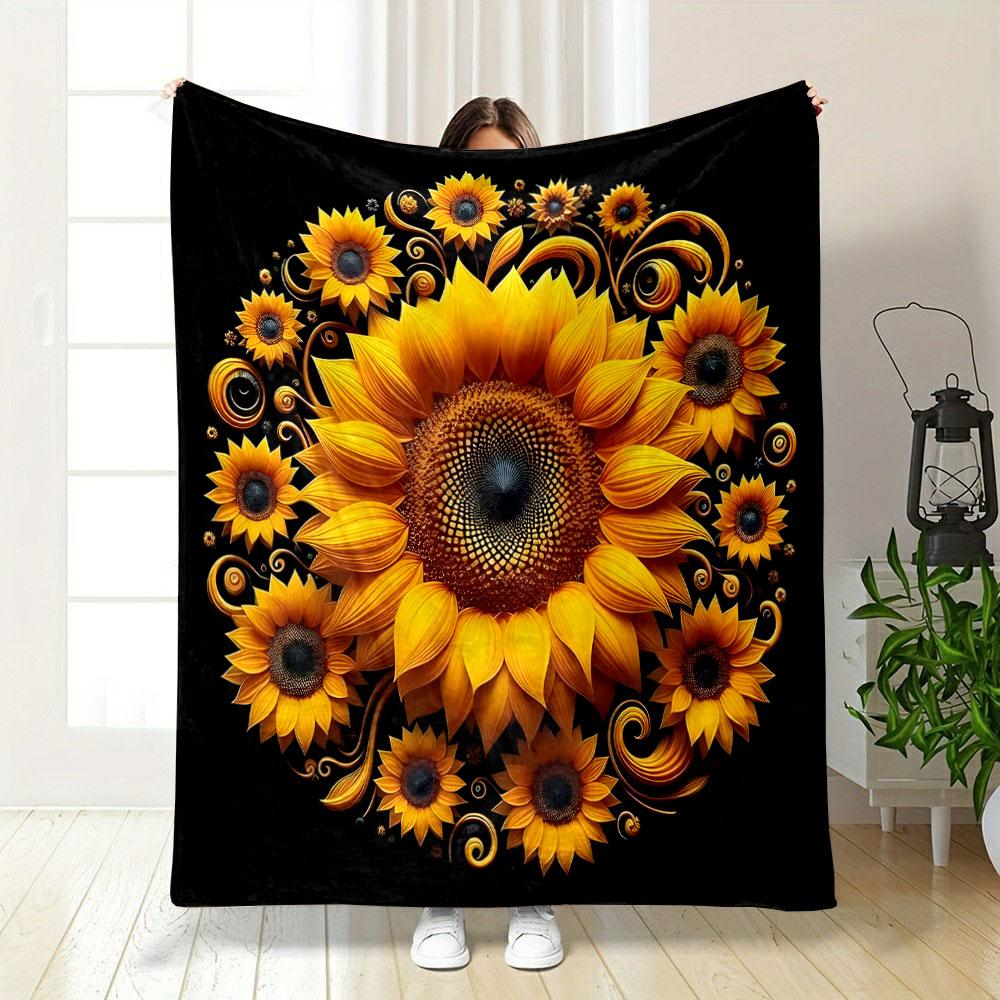 "Vibrant Sunflowers on Black Background" Patterned blanket, flannel, suitable for all seasons, home decor, warm and cozy