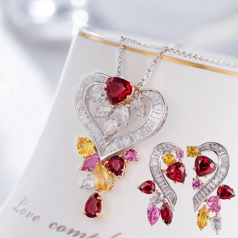 Designer Haute Couture Jewelry Super Fairy Colored Treasure Set Necklace, Light Luxury Full Diamond Ruby Pendant T Square Diamond Stud Earrings Women