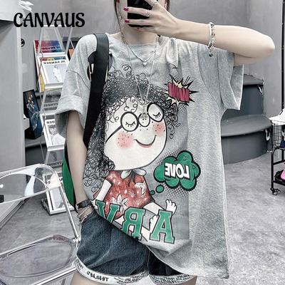 Übergröße Sommer Damen T-Shirt Cartoon Mädchen Muster bedruckt Kurzarm Tops