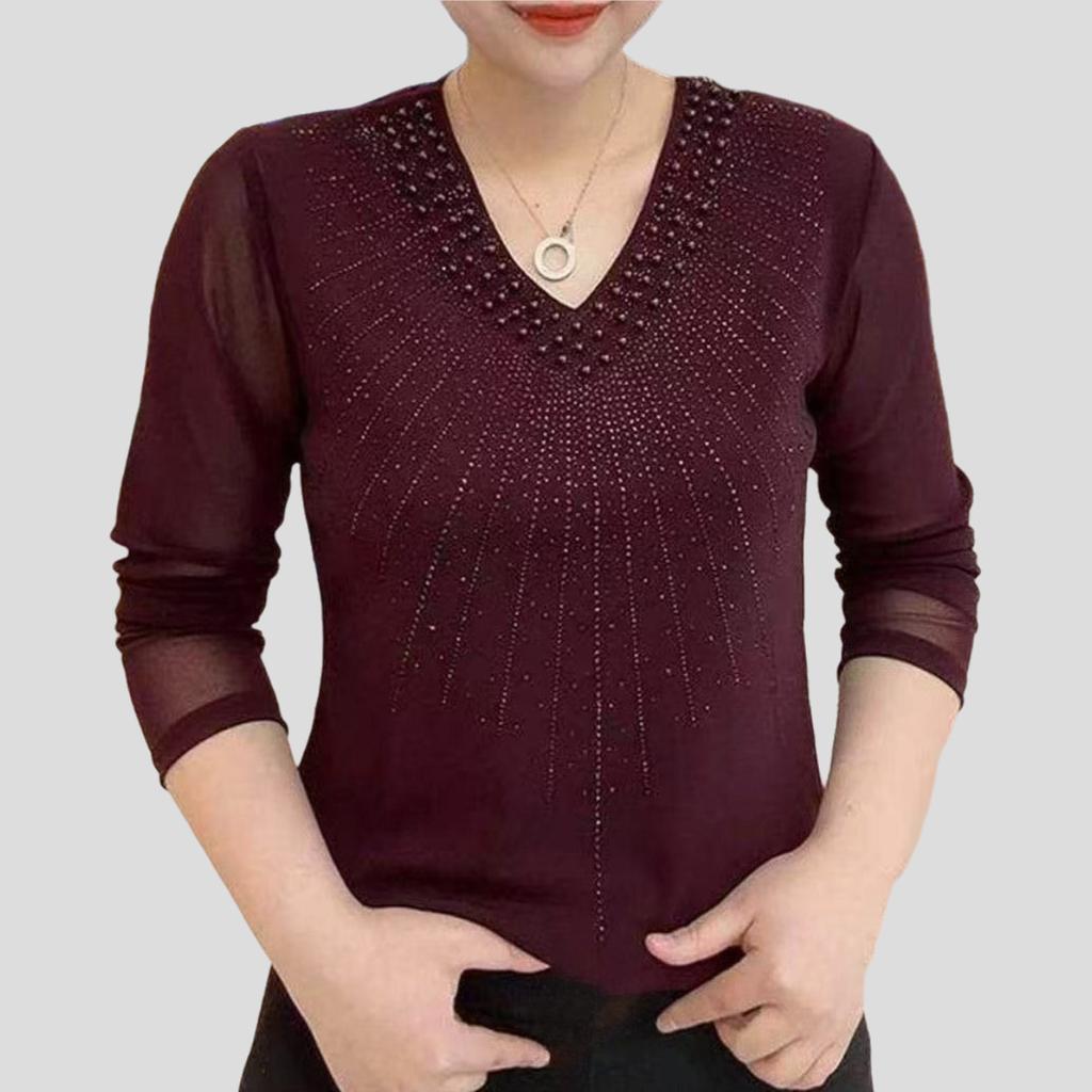 Women's Thin V-neck Mesh Stretch T-shirt Shiny Rhinestone Beads Long-sleeve Slim-fit Blouse Soft Skin-friendly Pullover T-shirt