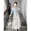 Blaues langärmeliges Kleid, Damen-Frühlingskleidung ist super beliebt, neues langes Kleid-Set mit zartem Temperament