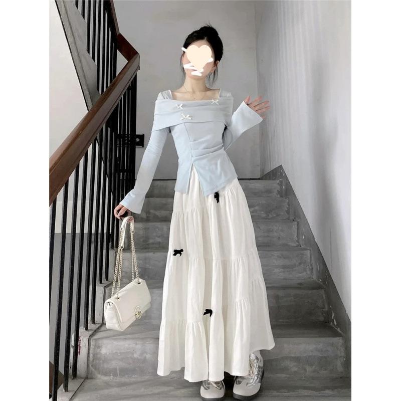 

Blue long-sleeved dress, women s spring clothes are super popular, new small fragrant temperament long dress set M
