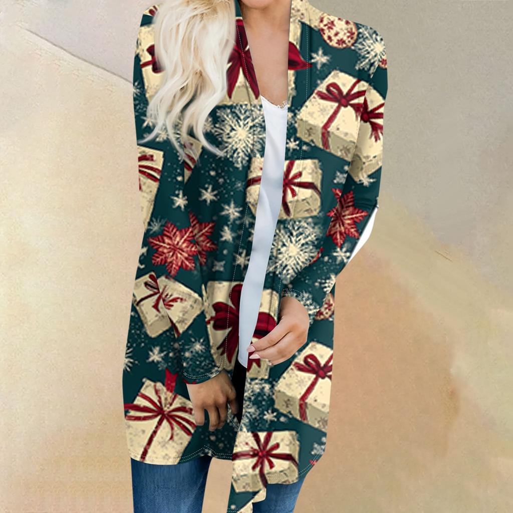 Dámský módní ležérní kardiganový kabátek střední délky s vánočním stromkem