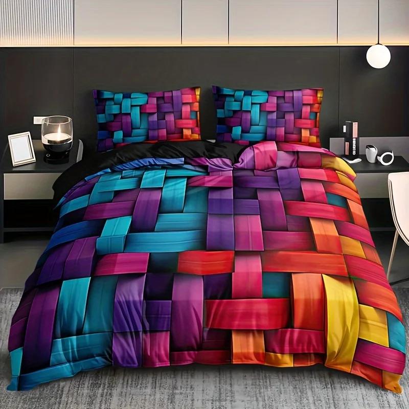 

Geometric Colorful Plaid Duvet Cover Set Breathable Woven Polyester All-Season 3 Piece Set With 1 Duvet Cover And 2 Pillowcases EU single(135x200cm)