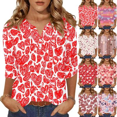 Women's T Shirt Print Button 3/4 Sleeve Daily Weekend Fashion Basic V- Neck Regular Top