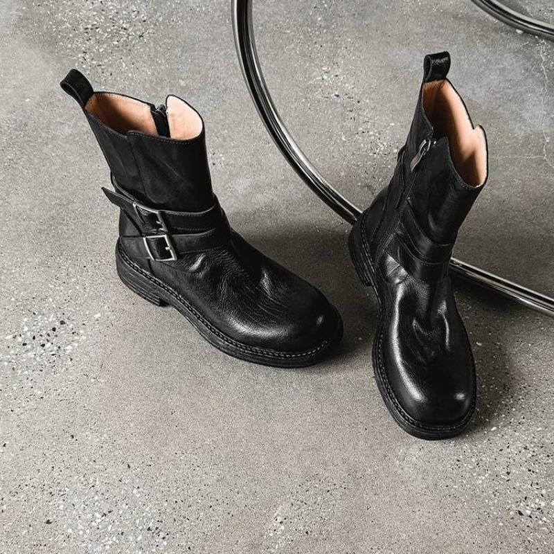 Podzimní a zimní kožené kozačky Martin na středním podpatku s rukávem dámské kulatá špička čtvercový podpatek univerzální velká velikost dámské kozačky hovězí kůže dámské nízké kozačky