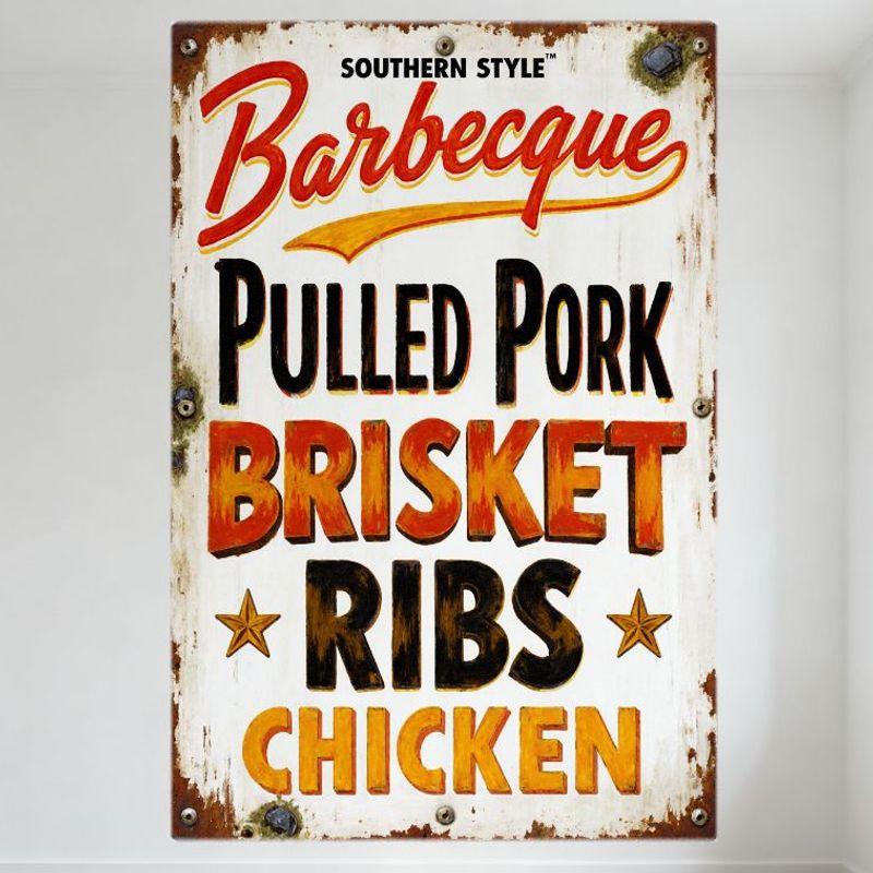 Vintage Southern Style Barbecue Metal Tin Sign, Pulled Pork Brisket Ribs Chicken Wall Plaque for Cafe Restaurant Home Bar Decor 20x30cm（7.8x11.8inch）