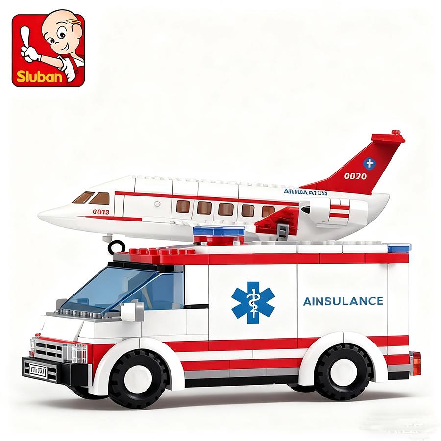 335pcs 0370 Air Rescue Aircraft with Medical Ambulance Team Building Blocks Toy Set Assembling Educational Toys