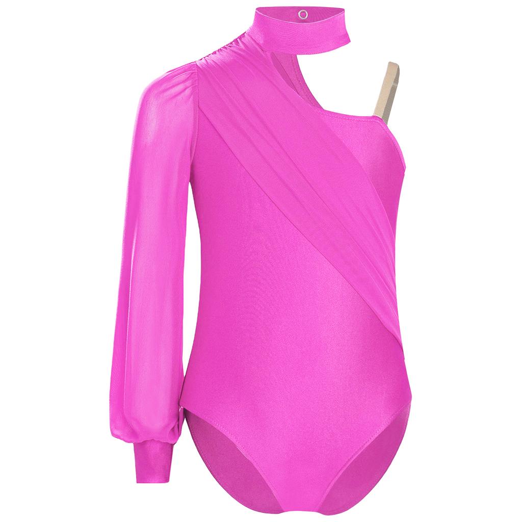 Jenter Ene Skulder Danse Drakotard Sceneopptredelseskostyme Mock Neck Langermet Rynket Nettoverlegg Bodysuit for Barn Gymnastikk