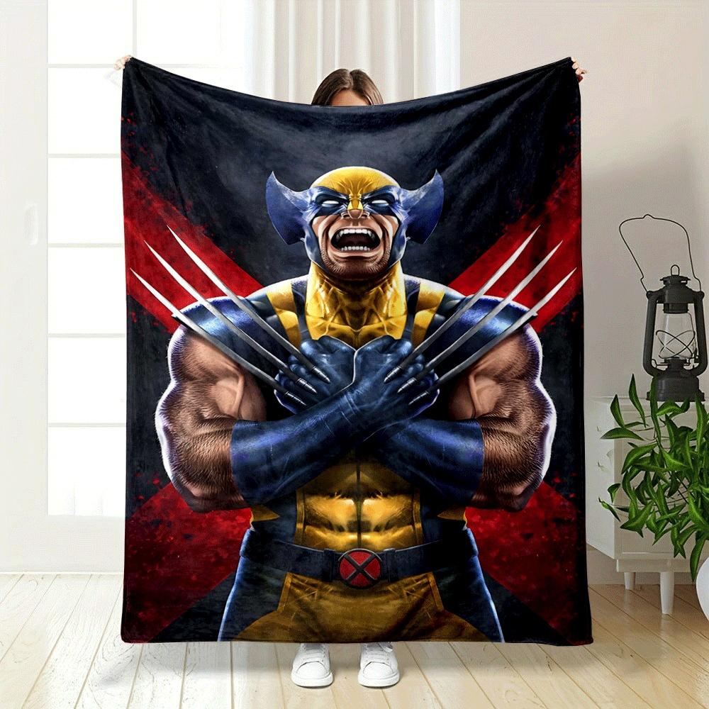 Crossed claws, muscular figure in yellow and blue suit with red X symbol. for all seasons blanket lunch break throw gift