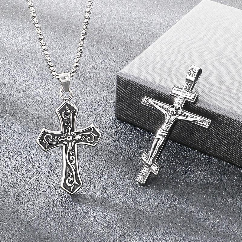 Stainless Steel Cross Pendant Necklace for Men Vintage Jesus Crucifix Carved Cross Necklaces Gothic Punk Religious Jewelry Gift