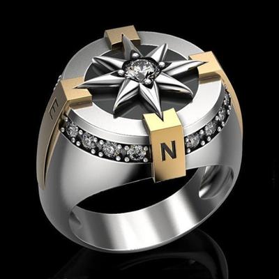 Vintage Gold Farbe Zweifarbiger Herrenring Nordische Mythologie Wikinger Kompass Zirkon Ring Amulett Schmuck