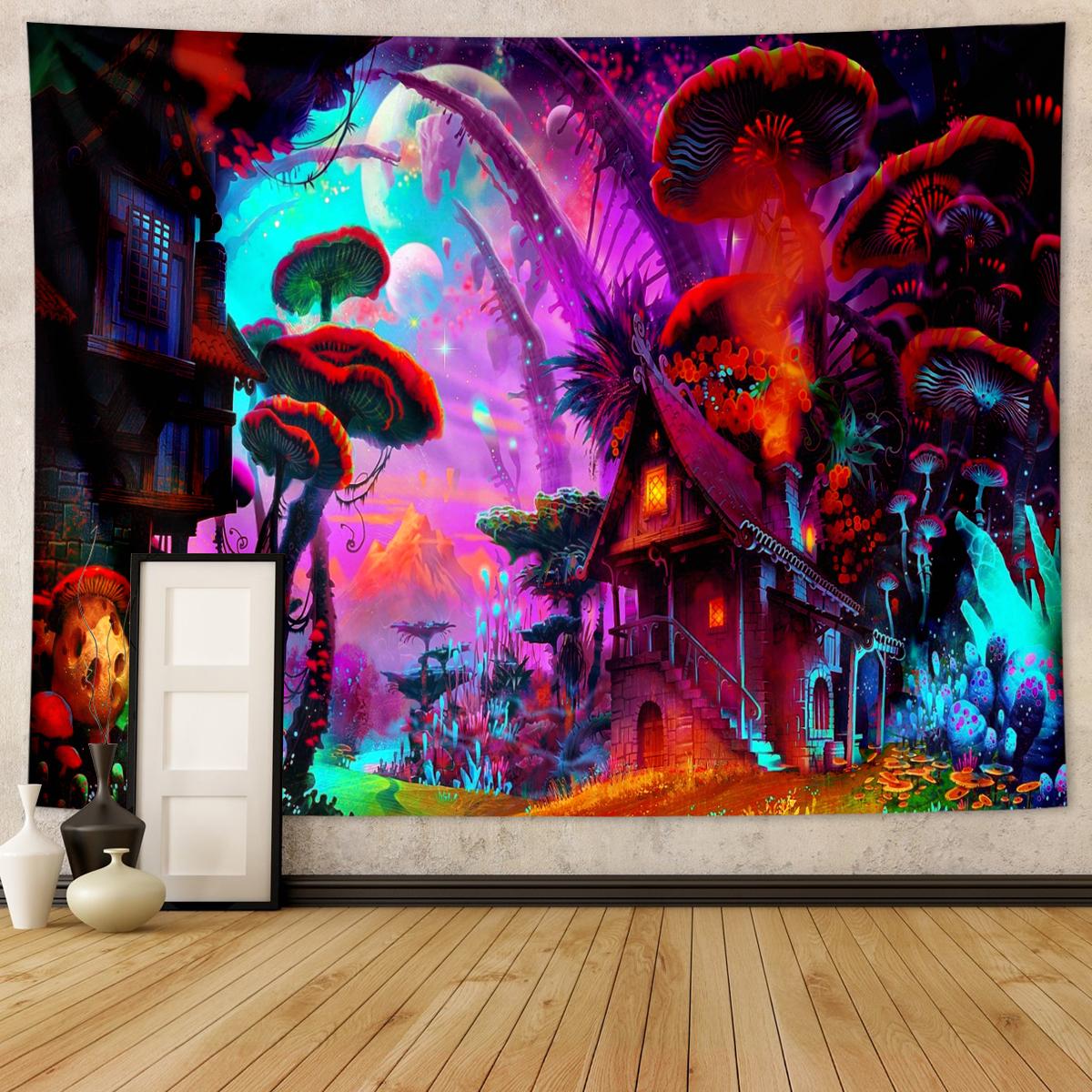 1pc Psychedelic mushroom tapestry, colorful mushroom forest tapestry, space planet room decoration tapestry 73x95cm