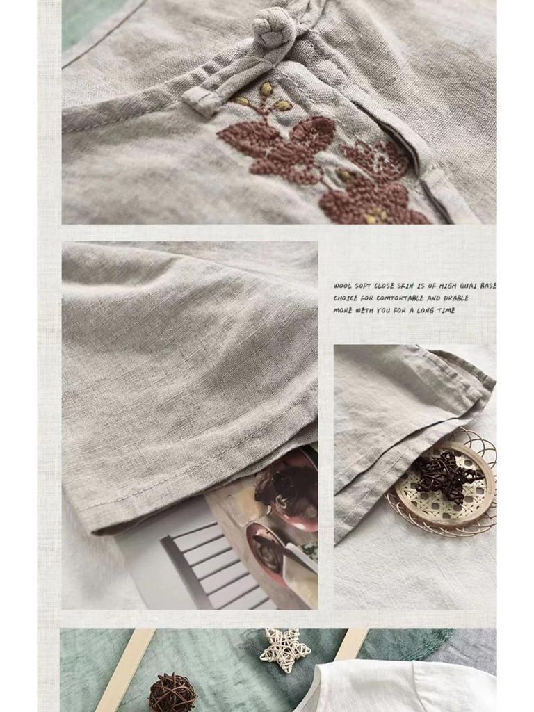 2024 Women's Summer Retro Chinese-Style Cotton Linen Short Sleeve Casual Plus Size Loose Top