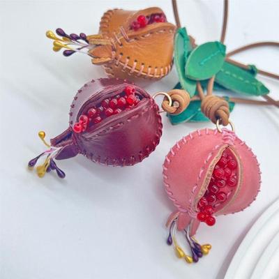 3D Pomegranate Pendant PU Leather Keychain Women Bag Charms Decorative Accessories Car Interiors