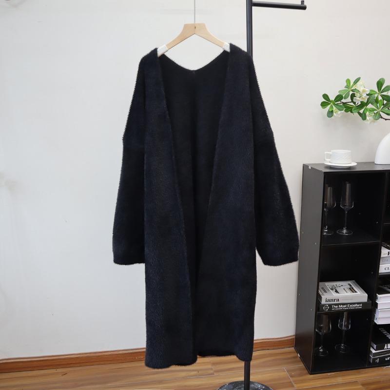 

Вязаный кардиган из искусственного норкового бархата, женский, осенне-зимний, новый, свободный, длинный, с темпераментом, однотонное пальто-накидка one size fits all чёрный