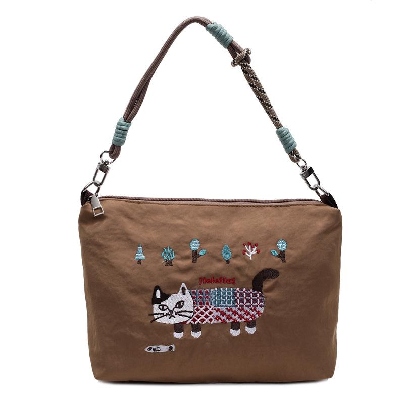 Large capacity spring and summer cat embroidery bag waterproof portable messenger bag shoulder bag shopping bag cartoon nylon bag female