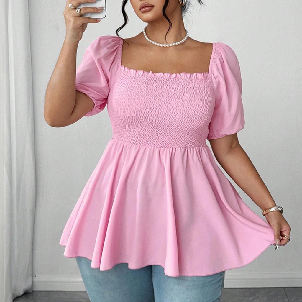 Plus Size Women's Smocked Waist Peplum Top Square Neck Puff Sleeve Casual Blouse Lightweight Comfortable Soft Fabric