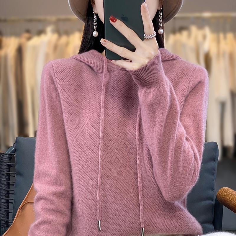 Autumn and winter new hooded knitted sweater women's top inside and outside hoodie loose and thin pullover sweater