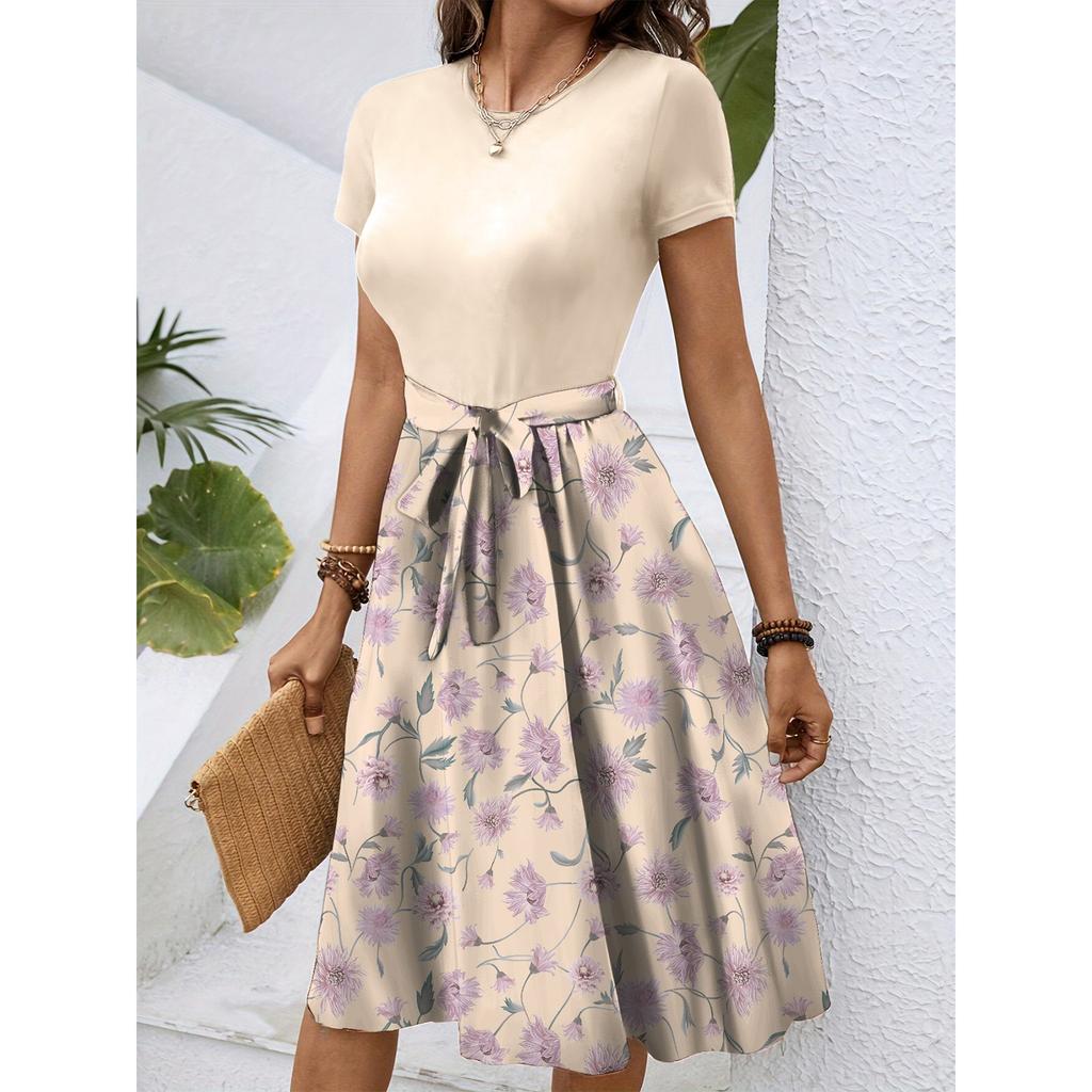 Dámské módní retro vzorované tištěné barevně blokované šaty