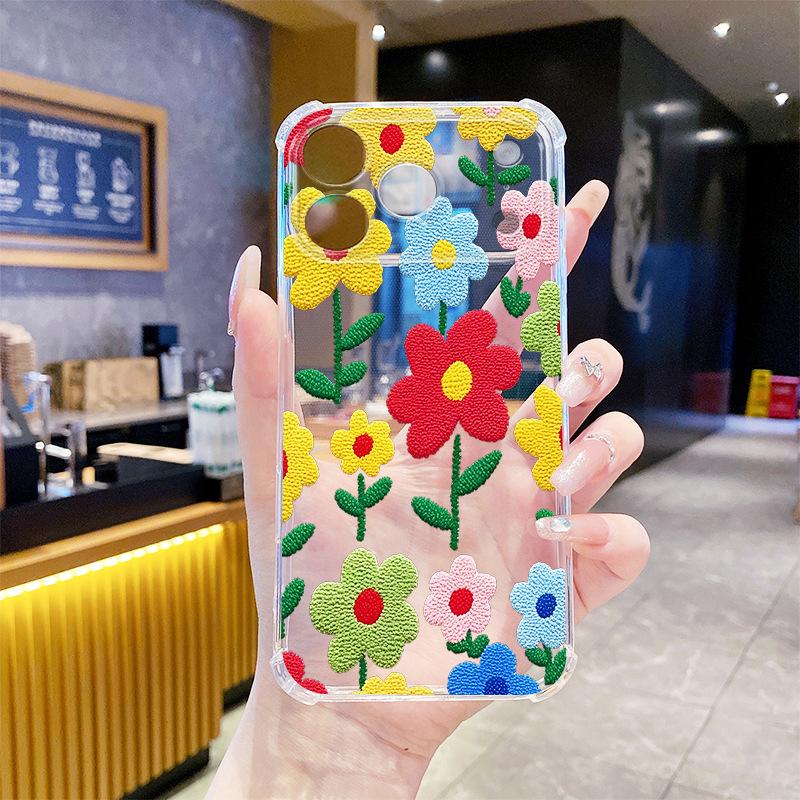 Retro Style Imitation Embroidery Colored Flowers Apple 14pm Mobile Phone Case iPhone17 Anti-drop Transparent Soft Case Protective Case