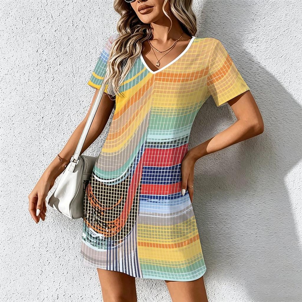 Moda Estiva Donna Scollo a V Manica Corta Retro Geometrico Stampato Vestito Sex Corto Gonna Vestiti