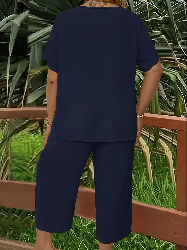 Women's Plus Size Elegant V-Neck Short Sleeve Top and Wide-Leg Pants Set - Solid Colors for Spring, Summer, and Autumn.