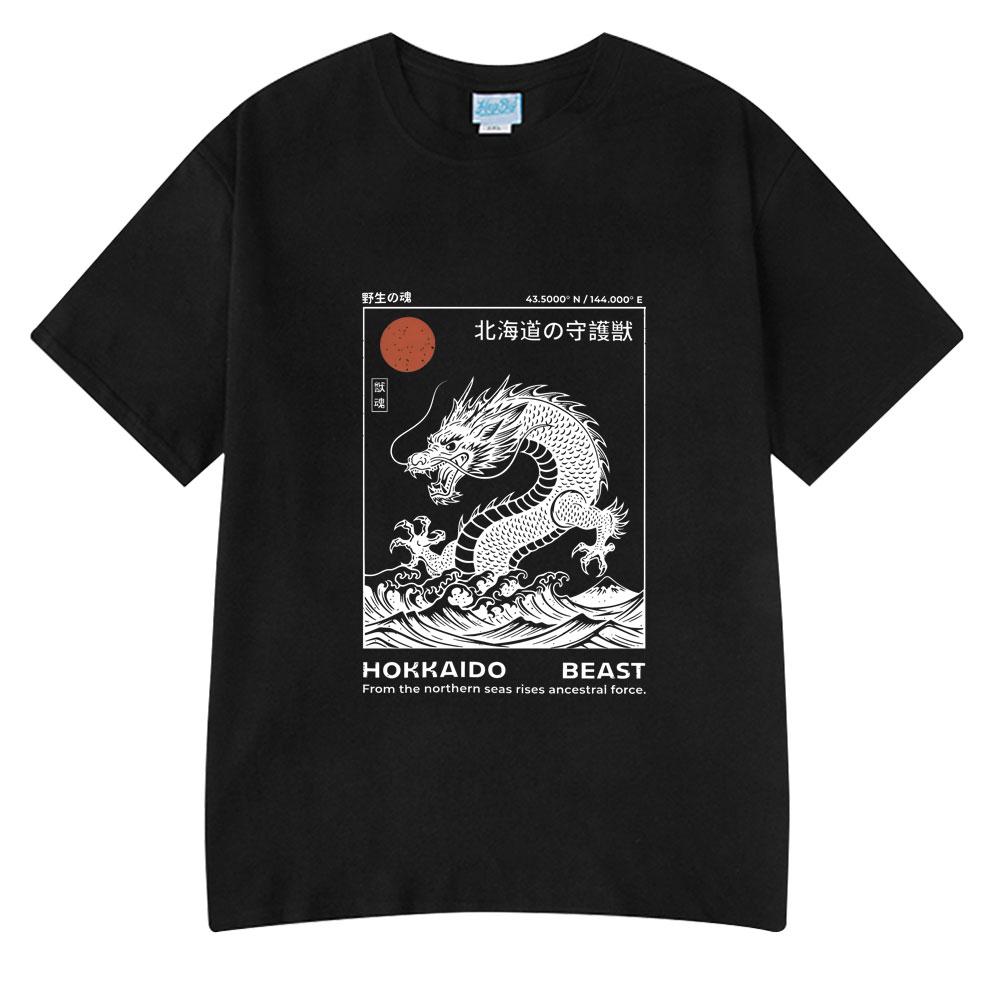 Hokkaido Beast Dragon T-shirts Retro Japanese Wave Illustration T Shirts Short Sleeve Cotton