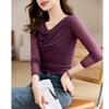 Autumn Elegant Slimming Blouse Women Long Sleeve Mesh Tops Fashion Drape Neck Slim Fit Tee Basic Shirt