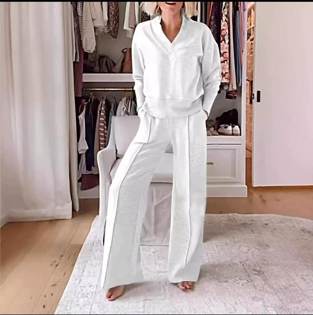 European & American Women's V-Neck Long Sleeve Top & Wide-Leg Pants Set for Autumn/Winter 2025.