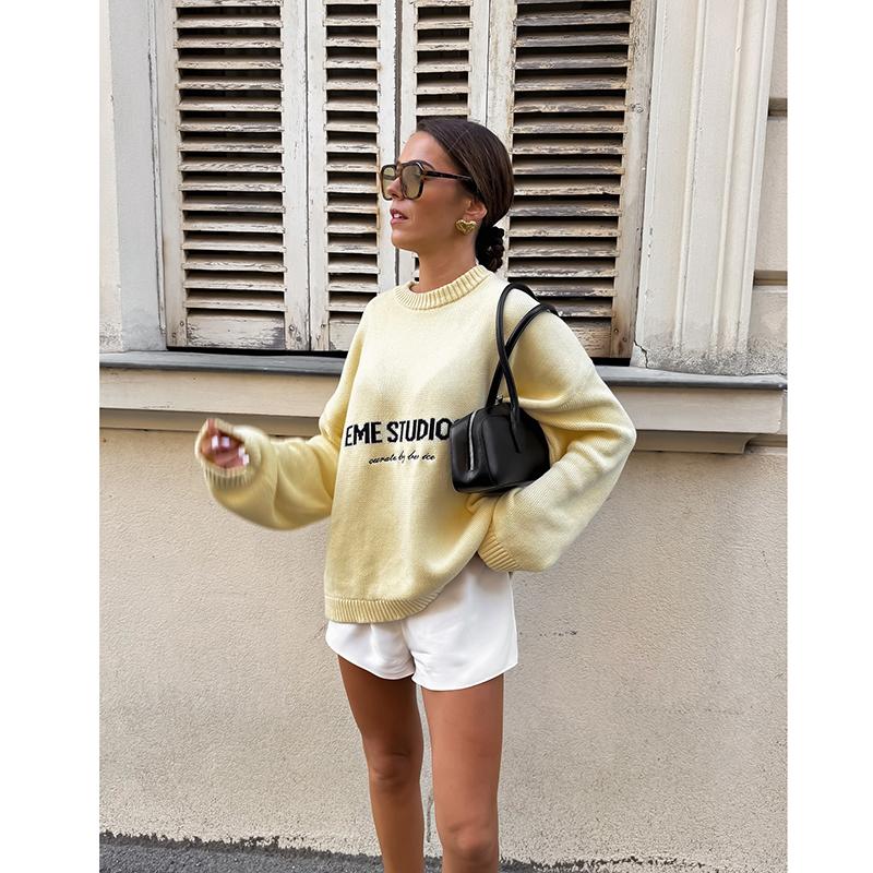 Pulover Tricotat Galben Unt cu Scrisoare pentru Femei Casual Gât Rotund Plisat Scurt Pulover Femeiesc Zilnic Stradă Pulovere Toamnă