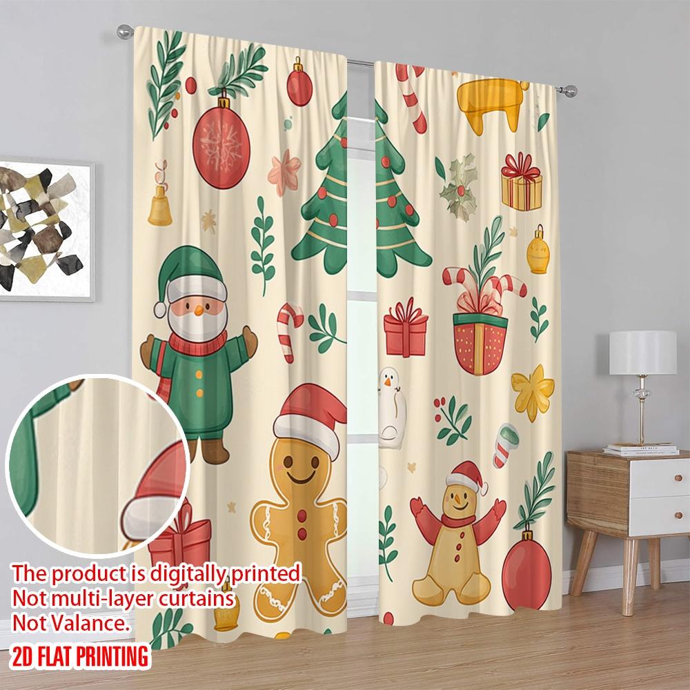 2pcs,2D plane printing Pattern Curtains Christmas Cute Elements (4) Polyester Fabric (without rod) Holiday Ldeal for Bedroom &