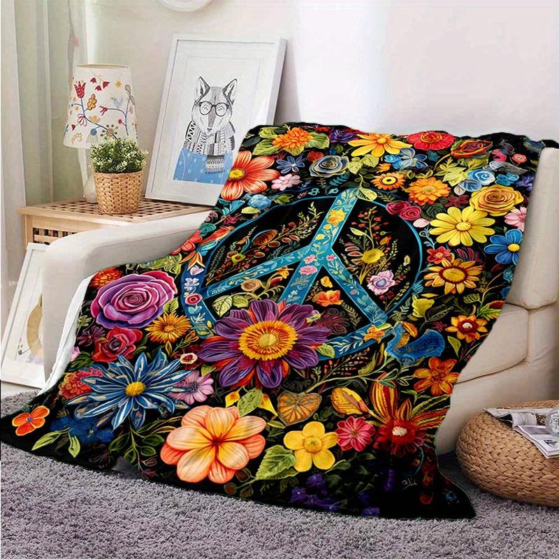 Peace Sign Floral Print Blanket -Vibrant Multicolor Flowers,Soft Cozy Throw for Bedroom Decor,Unique Hippie Style Home Accessory