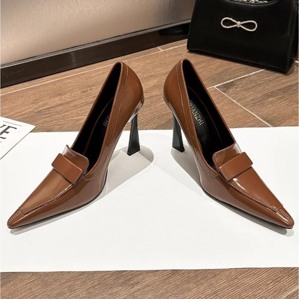High Heels Women's 2025 New Retro Pointed Royal Sister Single Shoes Casual Business Black Thin Heel Patent Leather High Heels