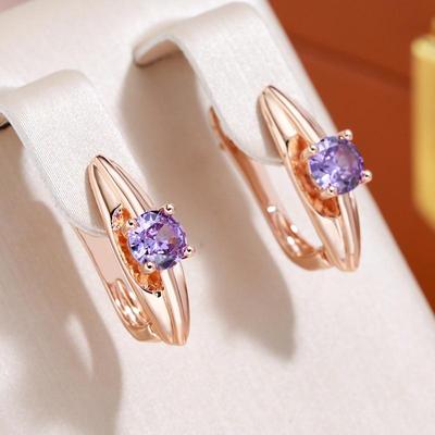 Smooth Gold Color Purple Zircon Drop Earrings Simple Fashion Jewelry Party Daily Trendy Accessories