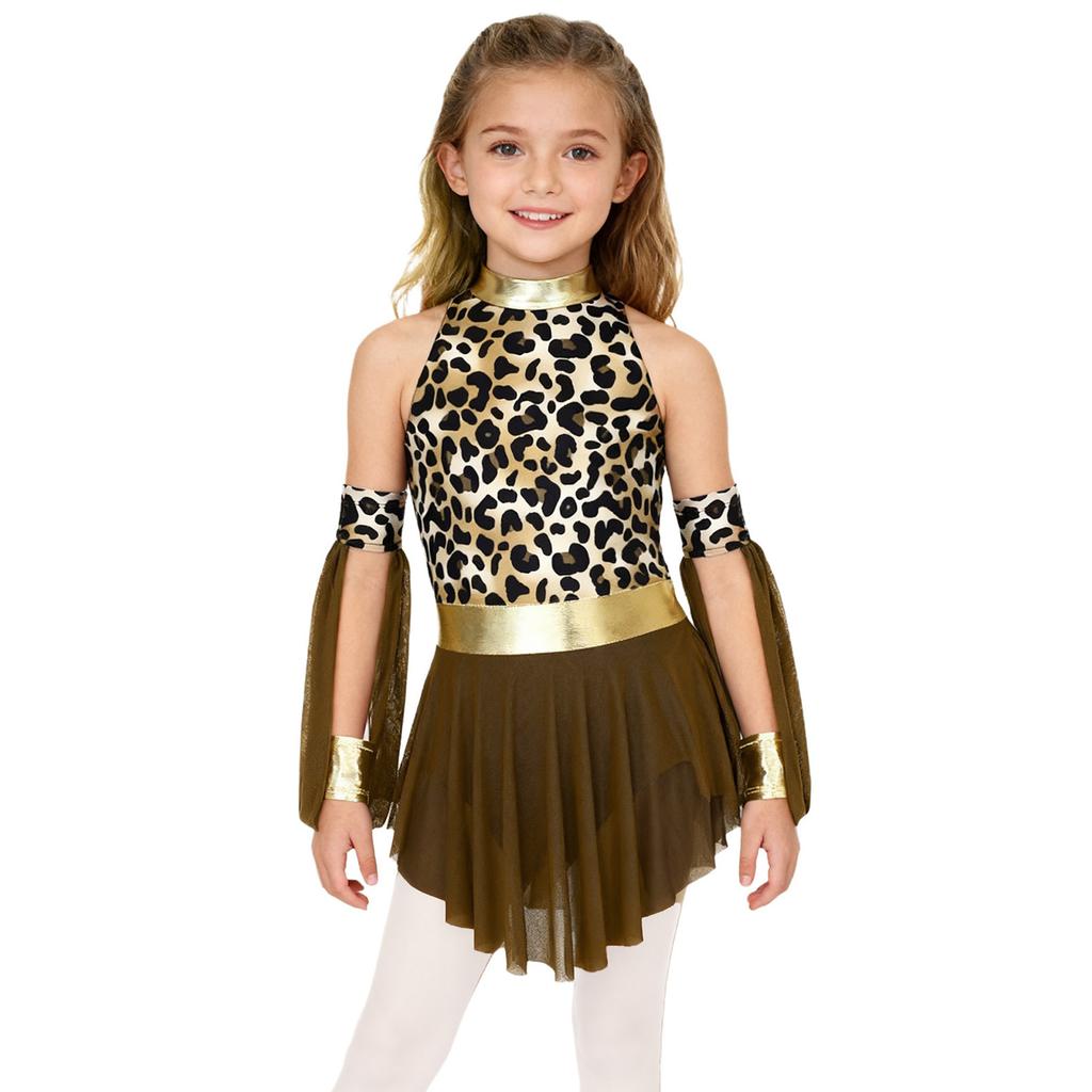 Girls Prehistoric Costume Leopard Print Dress with Built-in Briefs & Oversleeves Metallic Gloss for Performance