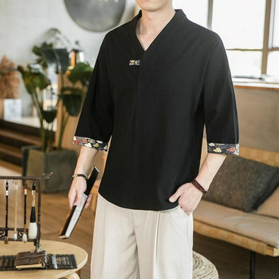 Herren Retro Stil Leinen V-Ausschnitt Besticktes T-Shirt, Lockere Passform, Dreiviertelärmel, Große Größe