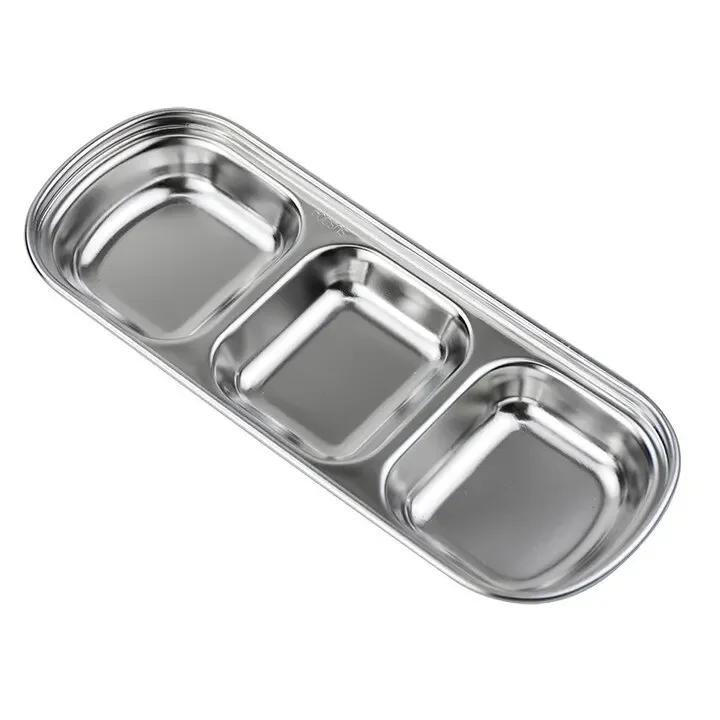 3-compartment Sauce Dish Stainless Steel Soy Tomato Sauce Salt Vinegar Sugar Spiced Flavor Condiment Dip Bowls Korean BBQ