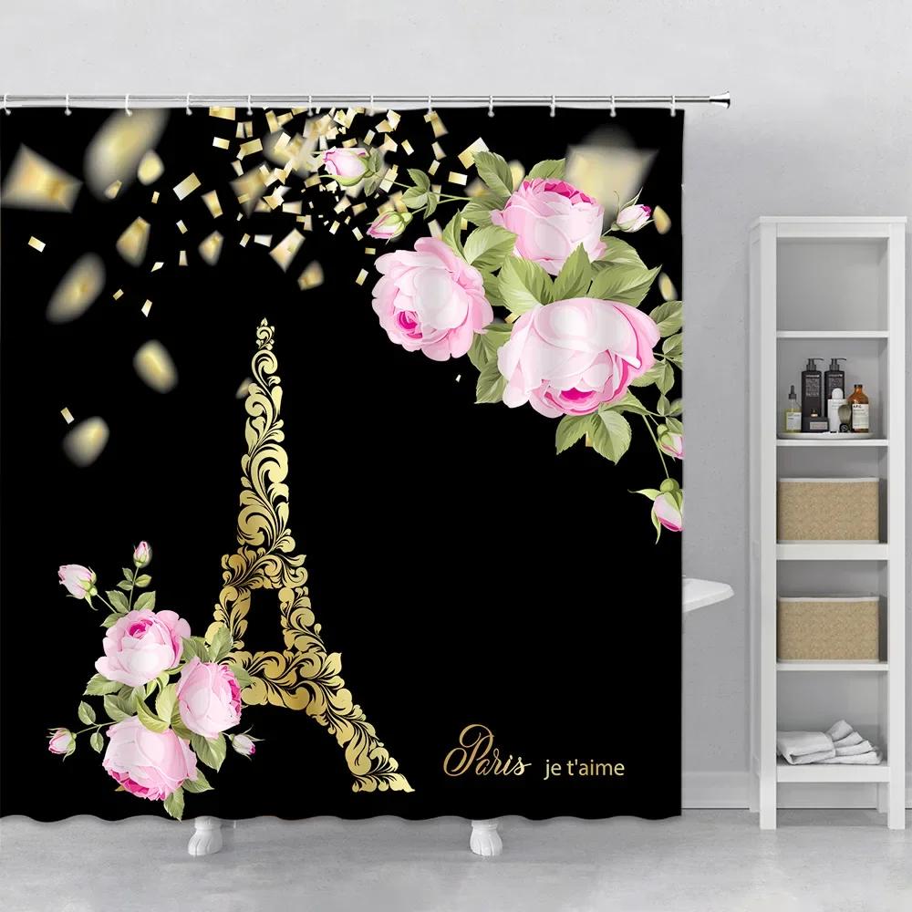 Tour Eiffel Paysage Urbain Ensemble de Rideaux de Douche Crochets Tissu Suspendu Décoration Moderne pour la Maison Rideau de Salle de Bain Tissu Polyester Écran de Douche