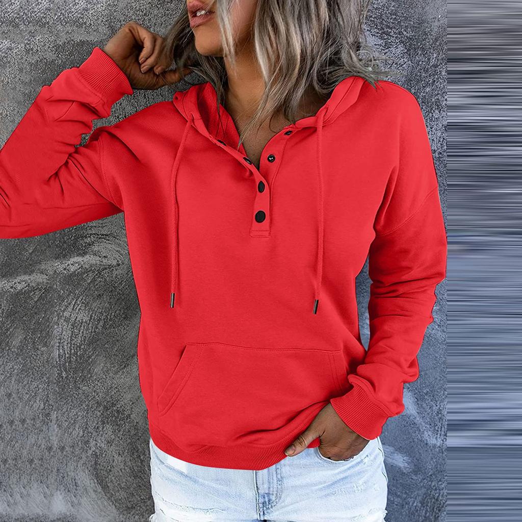 Damen Pullover Hoodies Tops Lässige Button-Down-Sweatshirts mit langen Ärmeln und Taschen