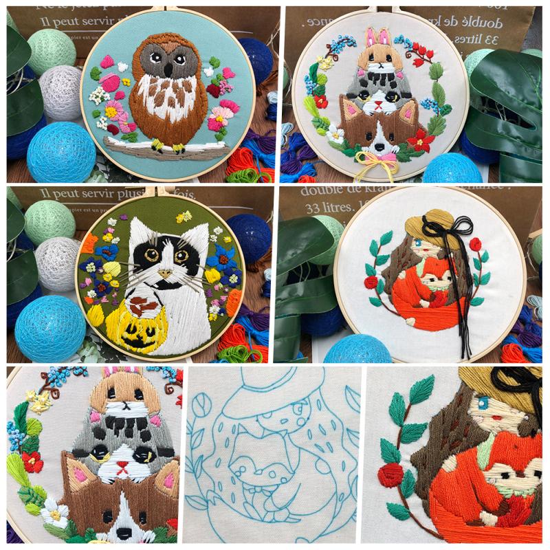 4pcs Cotton Linen Animal Styling Embroidery  Fabric  Kit Diy Material Package 20cm Bamboo Embroidery