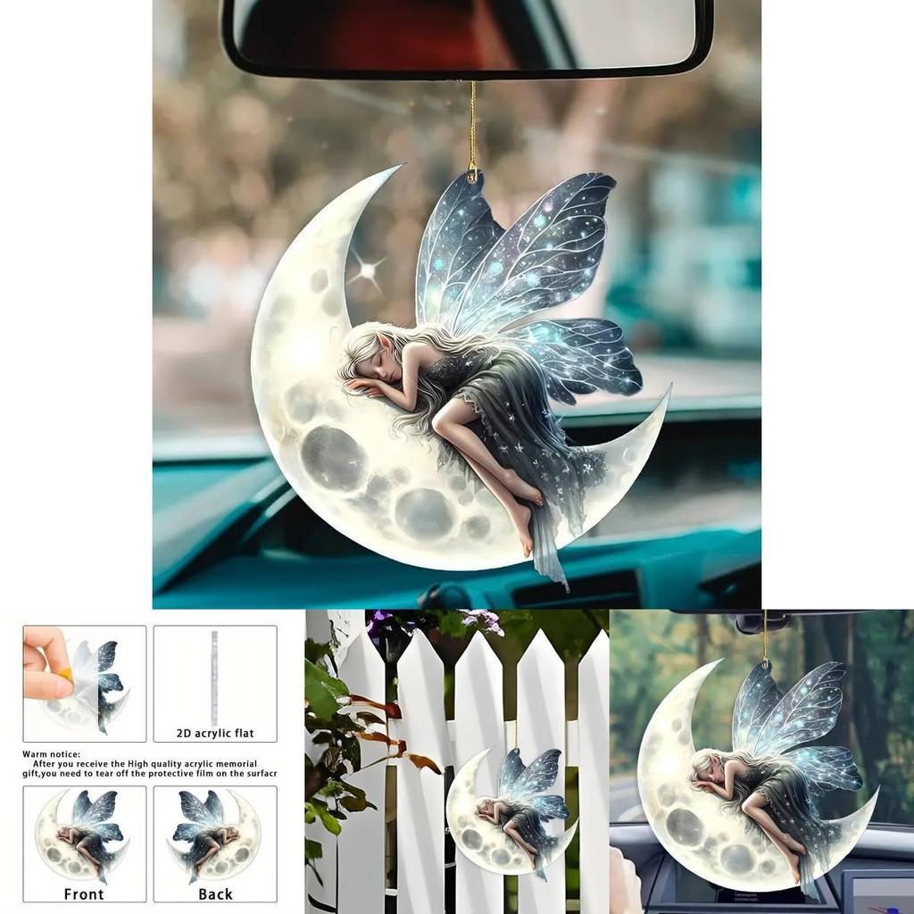 Acrylic Christmas Tree Flat Moon Elf Car Pendant With Clean Design For Celebratory Vehicle Decor