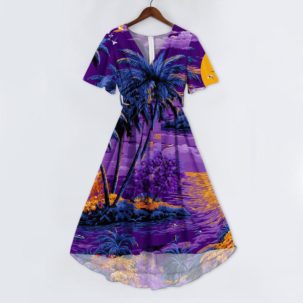 Women's Casual V Neck Short Sleeve Hawaiian Print Dress Summer Beach Midi Dress with Relaxed Fit and Lightweight Fabric for Daily Wear
