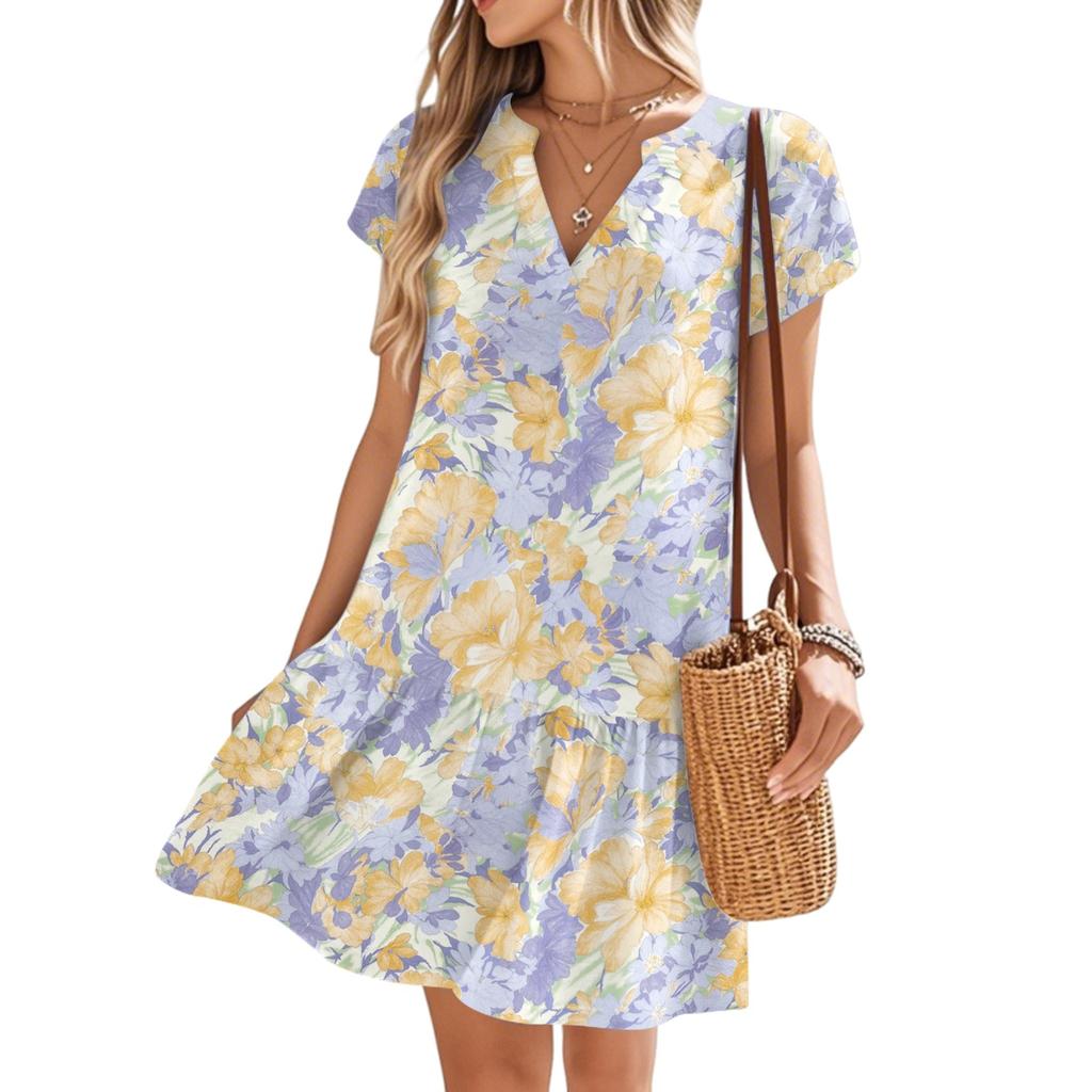 Damenkleider Kurzarm V-Ausschnitt Blumendruck Locker Lässig Temperament Strandkleider