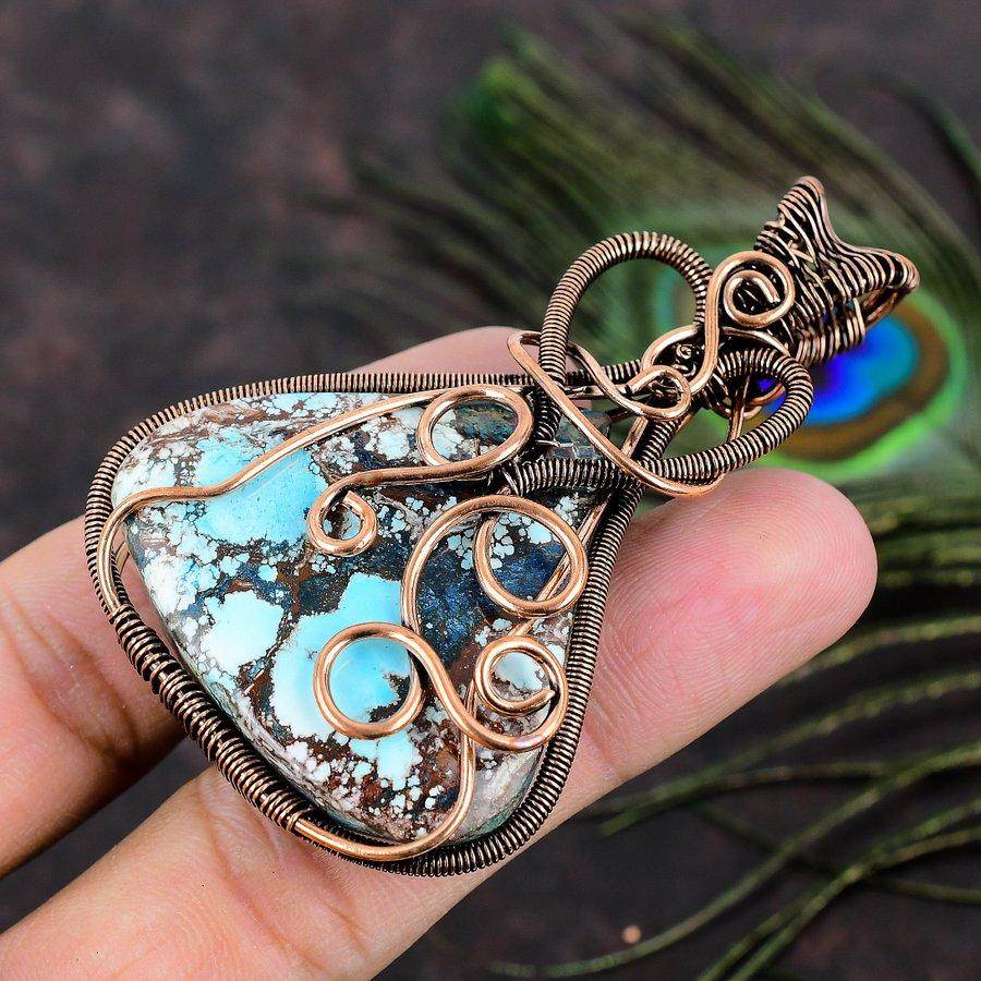 Tibetan Turquoise Handmade Copper Wire Wrap Jewelry Pendant 2.96 v7v04