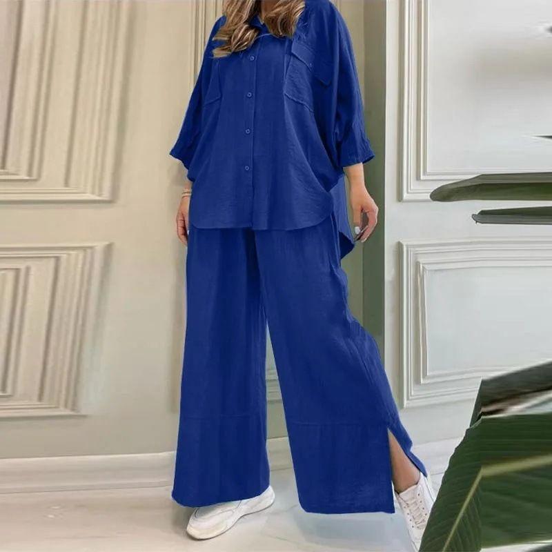 Women's Two-piece Long-sleeved Shirt Solid Color Pants Wide-leg Suit