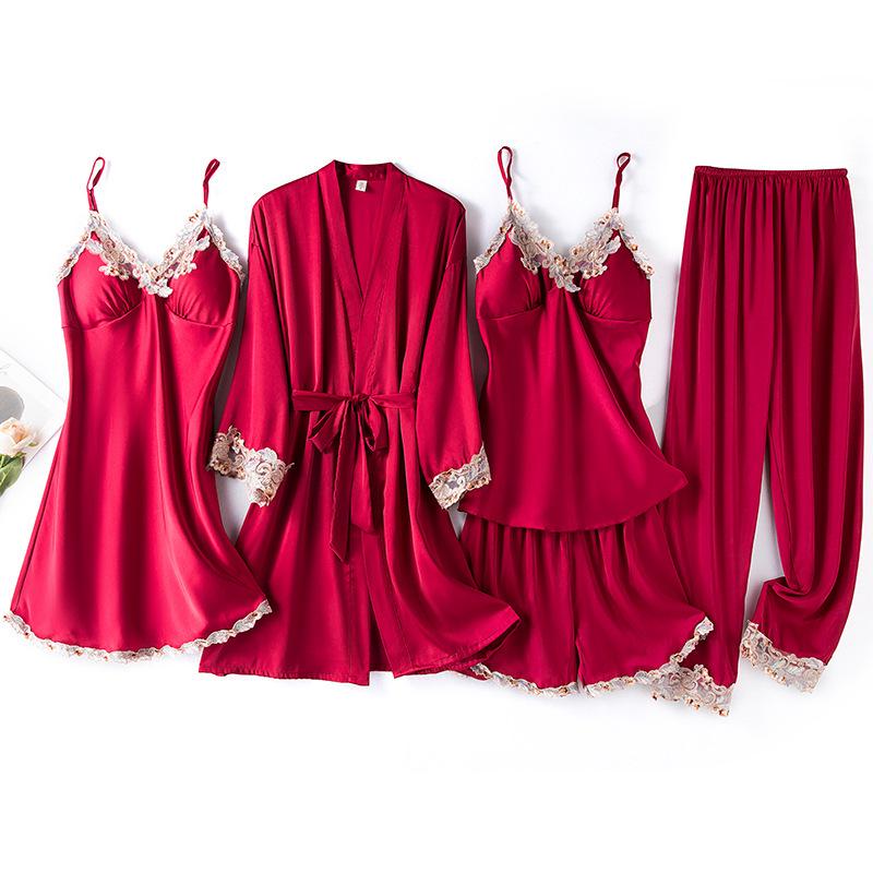 Ice Silk V-Neck Camisole & Pajama Set for Women - 5-Piece Spring & Autumn Collection