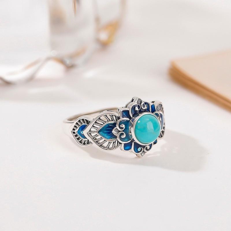 Adjustable Vintage Turquoise Enamel Floral Open Ring With Hollow Motif Bohemian Ethnic Style
