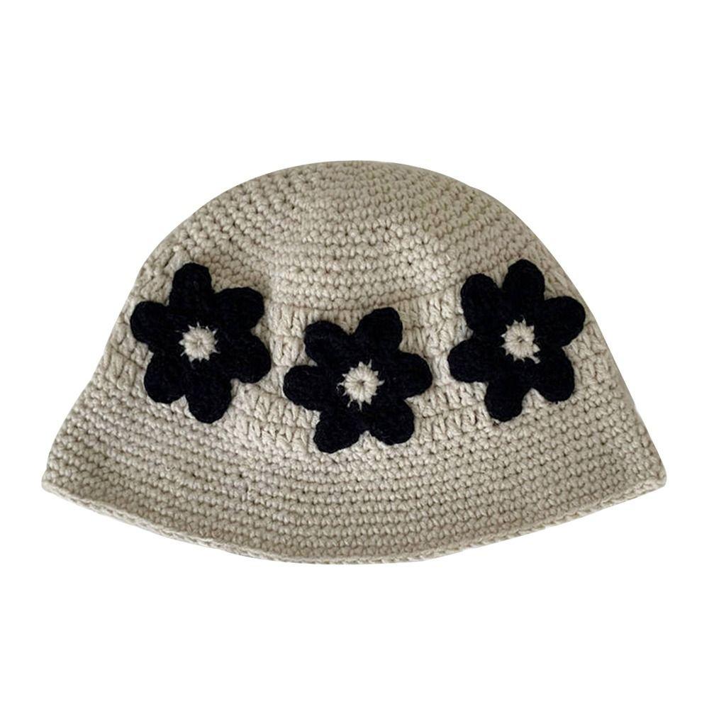 Knitted Bucket Hat Flower Panama Hat Portable Fisherman Cap  for Women
