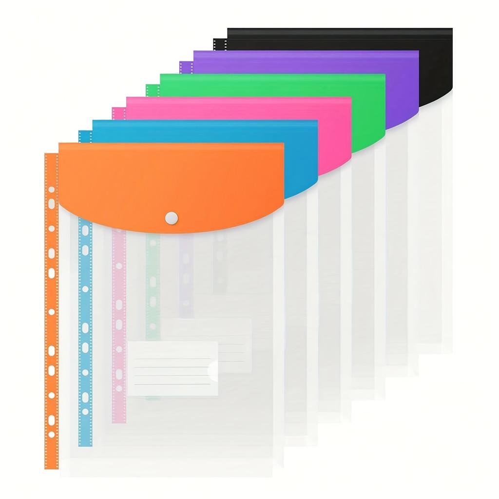 [Multicolor Document Wallets] Set of 6 A4 Polypropylene Project Folders with Snap Closure, Expandable 11-Hole Punch Pockets, Plastic Envelope Document
